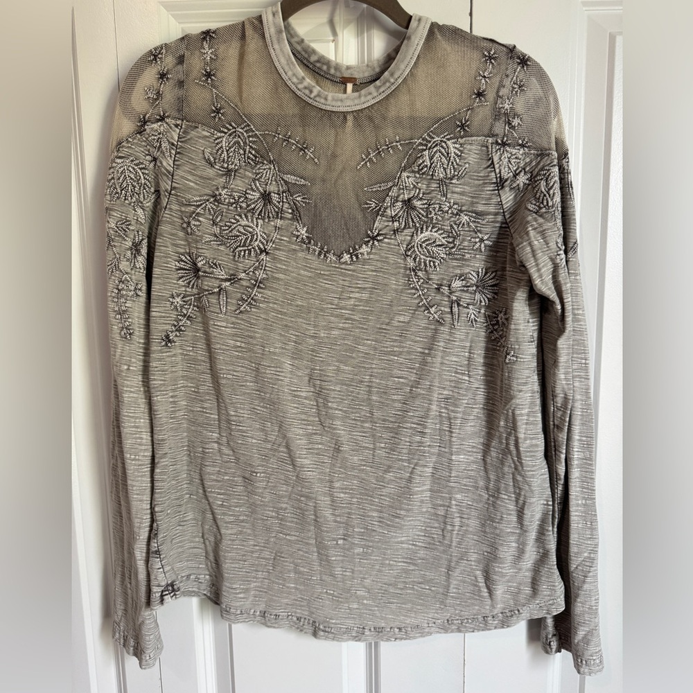 Free People Micha Mesh Tee Embroidered Cotton Long Sleeve Boho - Picture 2 of 6